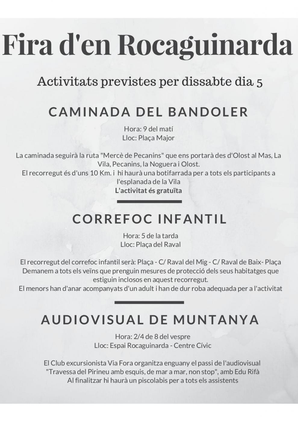 Totes les activitats previstes pel dissabte dia 5 de la Fira d'en Rocaguinarda
